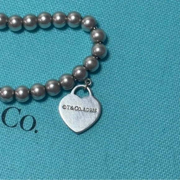 Authentic Tiffany & Co 4mm Bead Bracelet w/ Silver Mini Heart Charm - Picture 9 of 10